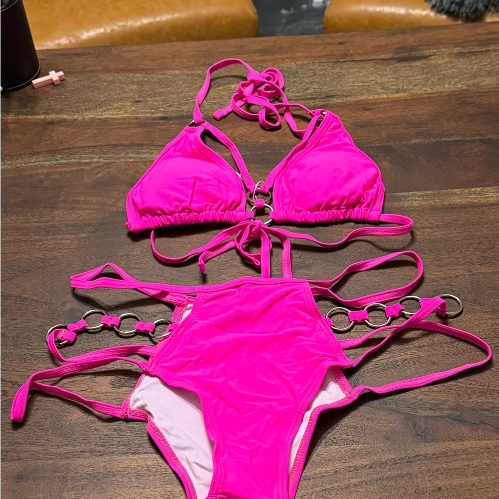 Vibrant Hot Pink Women's Strappy Bikini Set - Size L - NWT